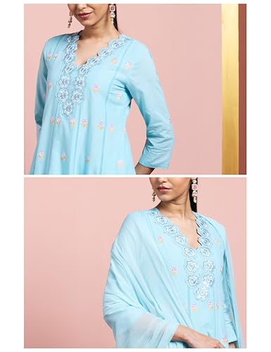 Image of Amazon Brand - Myx Women's Pure Cotton A-Line 3 piece Schiffli Suit Set (Available in Plus Sizes)