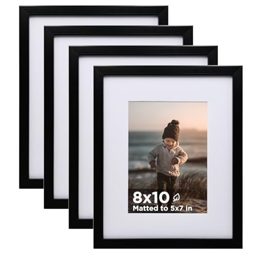 KINLINK 8x10 Picture Frame Black Set of 4, Wooden Photo Frames Matted 5x7 with Plexiglass for 5x7 with Mat or 8x10 without Mat for Table and Wall Display