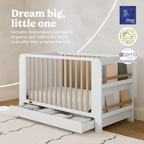 Image of Graco Read-with-Me 4-in-1 Convertible Crib with Drawer - GREENGUARD Gold Certified Converts to Toddler Bed, Daybed, and Functional Bookshelves (White and Driftwood)