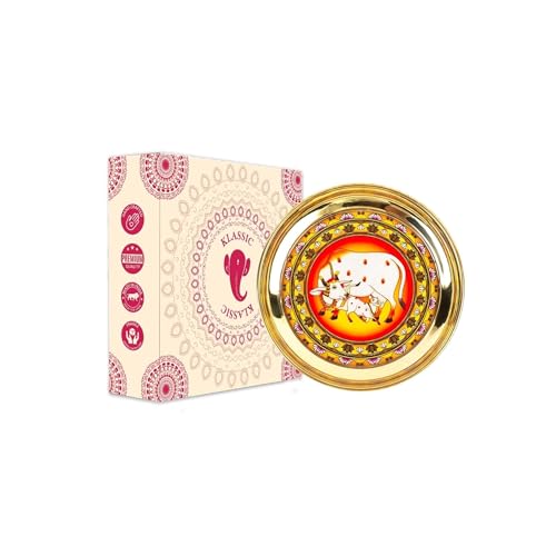 Image of Klassic 6 Inch Handcrafted Brass Thali /Aarti Plate | Cow Design, Beautifully Embossed Colorful Decorative Plate for Puja /Worship, Aarti, Karwa Chauth, Navratri, Diwali Gift | Medium(Pack of 1, Golden)