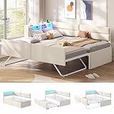 AOGLLATI Canapé Lit 90x200 avec Lit Gigogne, Éclairage LED et Prise, Tête de lit rembourrée avec Rangement, Lit Banquette avec Sommier à Lattes en métal, Lit 90x200/180x200, Lin Beige (sans Matelas)
