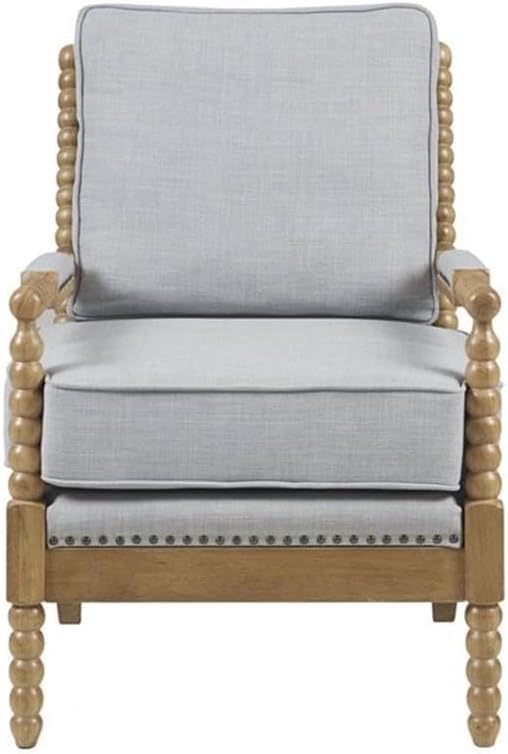 Pemberly Row Solid Wood and Polyester Accent Chair, 35.75" H x 25.5" W x 32" D, Light Blue Fabric, Camel Oak Finish, Bronze Nail Head Trim, Padded Armrests, Elegant Living Room Seating