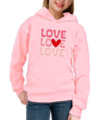 Pink Loving Heart Sweatshirt for Kids Valentine‘s Love Printed Hooded Top Long Sleeve Romantic Shirts 5-6 Years2