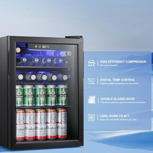 Image of Antarctic Star Beverage Refrigerator Cooler-85 Can Mini Fridge Glass Door for Soda Beer Wine Stainless Steel Glass Door Small Drink Dispenser Digital Display for Home, Office Bar,2.6cu.ft