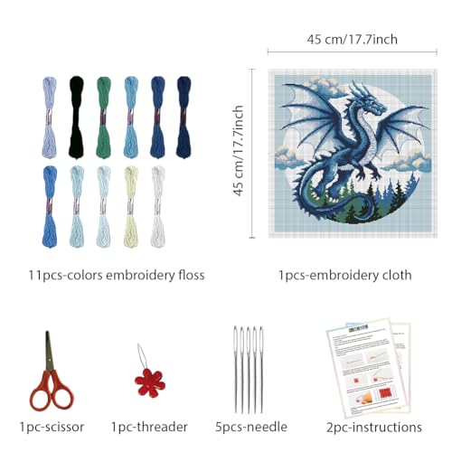 Image of FREEBLOSS 11CT Cross Stitch Kits for Beginner Dragon Stamped Cross Stitch Kit Landscape DIY Embroidery Wall Art Painting Kit with Instructions 17.7 inch x 17.7 inch
