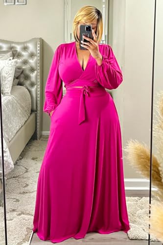 Image of Plus Size Women's 2 Piece Outfits Casual Long Sleeve Wrap Crop Top Maxi Long Dress Flowy Matching Sets