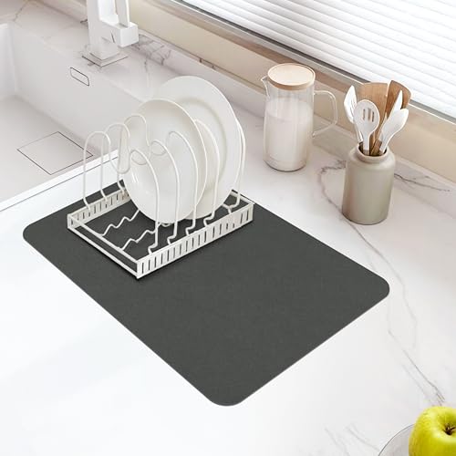 Meetcolor Dish Drying Mat for Kitchen Counter, 12“ x 19” Super Absorbent Kitchen Dish Drying Pad, Coffee Bar Mat with Rubber Backed, Coffee Bar Accessories for Countertop Dishes Utensils, Dark Gray — view 4