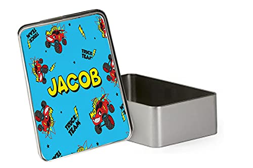 Personalised Funny Monster Truck Gift for Kids-Boys Toddlers Birthday BACK TO SCHOOL Portable Metal Tin Storage Box Biscuit Chocolate Tin Emergency Stuff Tin. (Rectangular)
