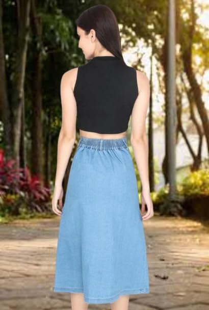 Image of Straight Stylish Comfortable Long Two Button Up Slit Dobby Denim Skirt for Women & Girls