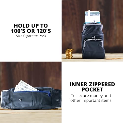 Leather Impressions snap Closure Cigarette Case - Handmade Genuine Leather Cigarette Case with Double Twist Clasp Pockets, 1 Zipper Pocket - Timeless Cigarette Case with Lighter 7"x4" (Navy)3