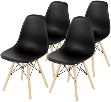 ERGOMASTER DSW Chairs Set of 4 Pre Assembled Modern Dining Chair with Sturdy Wooden Legs, Shell Lounge Plastic Chairs for Dining, Kitchen, Bedroom & Living Set of 4 & Black