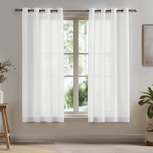 Deconovo White Net Curtains Eyelet, Home Decorative Sheer Curtains for Bedroom, Window Voile Curtains for Living Room, 55 x 63 Inch, White Linen Sheer, 2 Panels