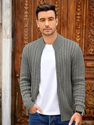 Image of TYSORT Men's Cotton Full Sleeve High Neck Full Zipper Sweater for Men, Cable Knitted Cardigan for Men