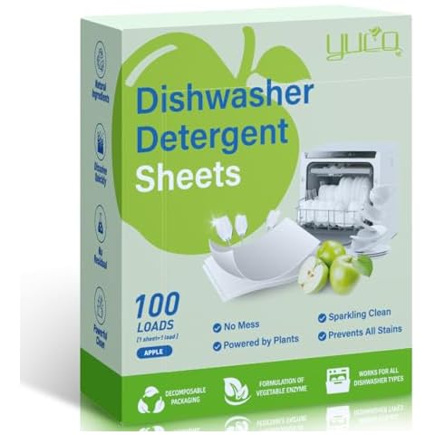 YUCO Dishwasher Detergent Sheets 100 Load AppleFlavor, Liquid-Free Dish Soap Cleaner Strips Eco-Friendly No Plastic Dishwasher Pods Detergent, Use in Dishwasher or Sink, Leaving Dishes Sparkling Clean Cover