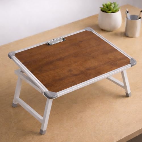 Image of YAJNAS Laptop Table for Bed Foldable & Height Adjustable | Portable Study Table for Students & Work from Home | Multipurpose Lap Desk for Writing Reading Office Home | Wooden Texture 15x26 Inch