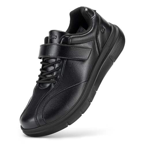 FitVille Diabetic Shoes for Men Extra Wide Comfortable Leather Walking Shoes Hook & Loop Orthopedic Dress Sneakers for Swollen Feet Jet Black
