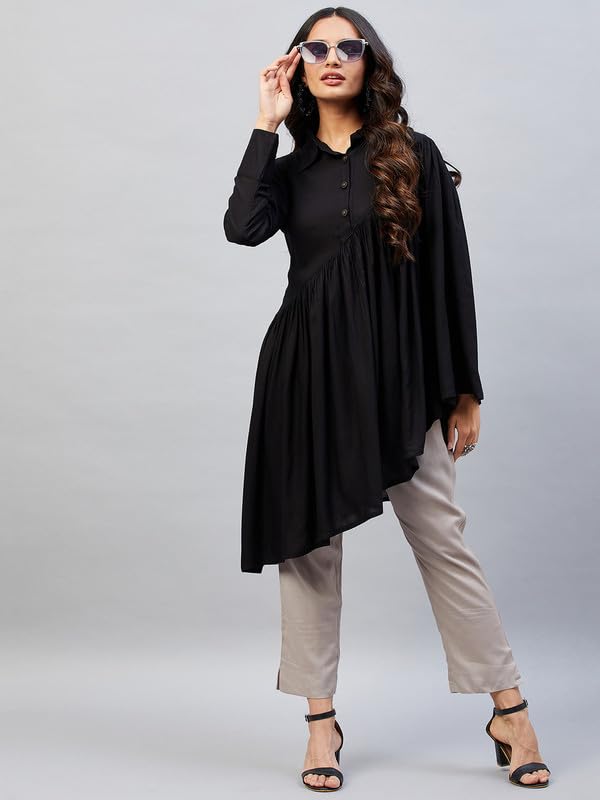 Image of Aaheli Women's Shirt and Trousers Co-Ord Set | Asymmetric Long Shirt with Full Sleeves & Solid Pants | Casual Office Wear Outfit | Olive