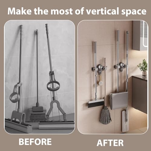 ANYSENT Broom Holder Mop Hanger, 2025 New No Drill Suction Cup Adjustable Organizer with Hooks,Space Saving Removable Wall Mount Organization Rack for Bathroom Kitchen Garage Laundry Room (2, White)