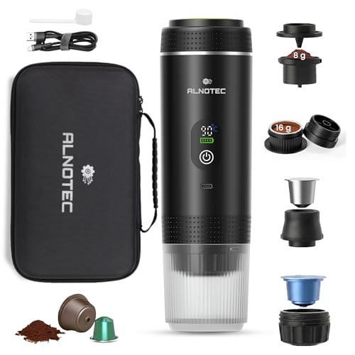 Alnotec - Cafetera portátil eléctrica con calefacción automática, 20 bar, 3 en 1, compatible con cápsulas NES, DG y café molido, 80 ml, pantalla LED, funda incluida, recargable, USB, Nomada