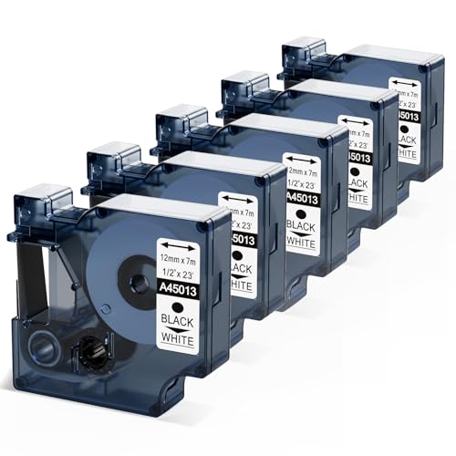 5 x Cinta de Etiquetas Compatible con DYMO D1 45013 S0720530 /12 mm x 7 m / Negro / Blanco / para DYMO LabelPOINT & LabelManager LM350D / LM360D / LM420P / LM450 / LP350 / LP100 / LP150 / LP200 / LP250 / LP300 / PC / PC2 / PnP / PnP WiFi / LW400 / LW450 Duo