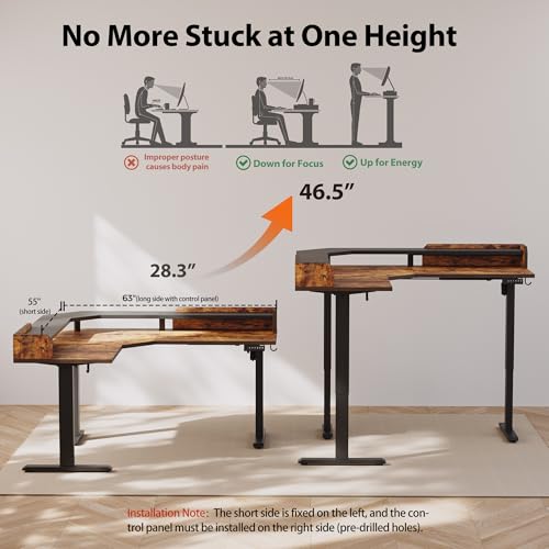 Image of Agilestic L Shaped Standing Desk, Adjustable Height Corner Gaming Desk with Shelf, Sit Stand Up Desk, 63 x 55 Inch Home Office Computer Table, Rustic Brown