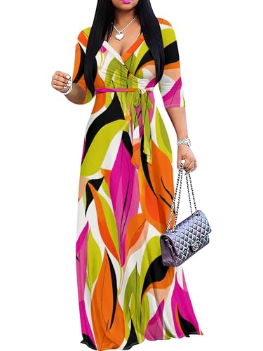 Image of Plus Size Maxi Dress for Women V Neck 3 /4 Sleeve Wrap Dress
