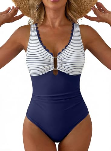 Aleumdr Womens 2026 Fashion One Piece Swimsuits Tummy Control Bathing Suit Retro Scallop Trim Full Coverage Swimwear Navy Blue X-Large