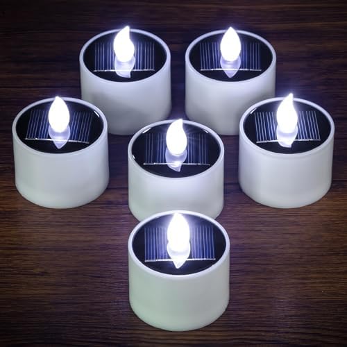 Yakpo 6 Pack Cool White Solar Powered Flameless Tealights, Rechargeable Outdoor Waterproof LED