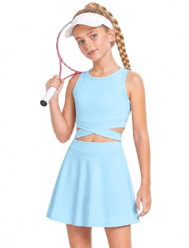 Image of Wenlia Girls Tennis Dress Sleeveless Golf Outfit 2 PCS Athletic Dress Activewear Set with Built in Shorts for 5-14Y