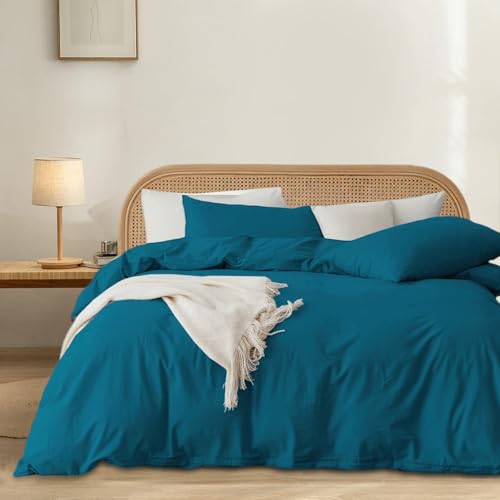 Gezu Housse de Couette Coton 200x200 Unie Bleu Canard Parure de Lit Adulte 100% Doux et Confortable Linge de Lit 200x200 Coton Froissé + 2 Taies d'oreiller...