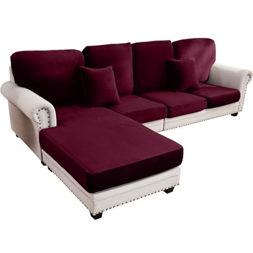 Image of Couch Cover 4-Piece Elastic Velvet Couch Cushion Covers & Chaise Slipcovers for L-Shaped Sofas, Sofa Seat Covers Washable, Soft Cover for Couches (3 Seater + Chaise, Wine)