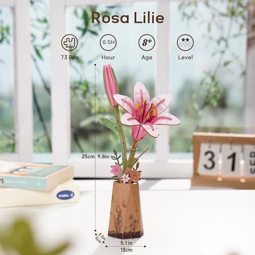 ROBOTIME 3D Holz Blumen Puzzle Rosa Lilie, Modellbausätze für Erwachsene zum Zusammenbauen, künstliche Ewige Blüten, DIY Bastelset… – Ansicht 2