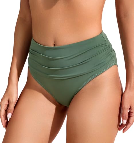 Image of COCOPEAR Full Coverage Bikini Bottoms for Women Mid Rise Bathing Suit Bottoms for Women Ruched Tummy Control Swim Bottoms
