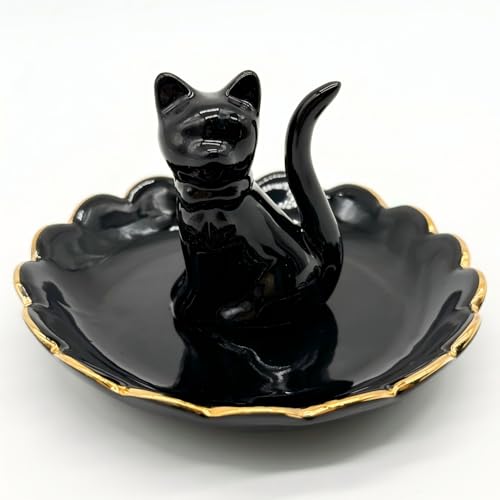 ROSA&ROSE Cat Ring Holder Trinket Tray Ceramic Jewelry Dish Porcelain Ring Organizer,Gift for Women,Girlfriend,Wife,Birthday or Anniversary(Black bow) - Image 2