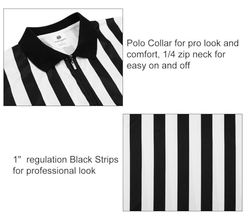 FitsT4 Sports Men's Official Black & White Stripe Referee Shirt Zipper Collared Long Sleeve Umpire Jersey Costume Pro Ref Uniform for Soccer Basketball Football Cosplay