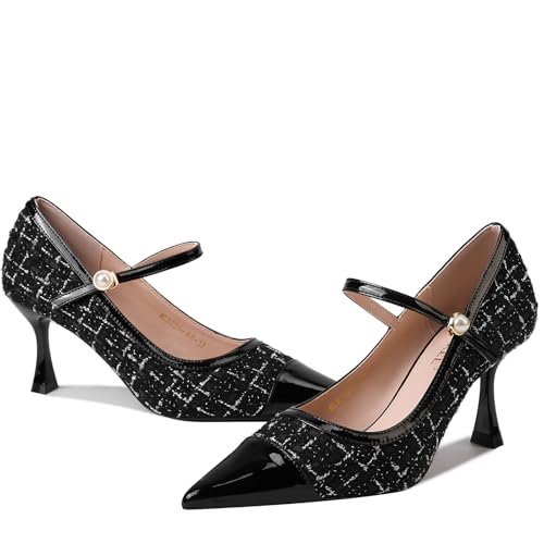 GOSERCE Women's Kitten Pumps Mary Jane Pearl Buckle Glitter Sparkly Strap Splicing Patent Pointed Toe High Heel Formal Dress Prom Work Office Herls Shoes3