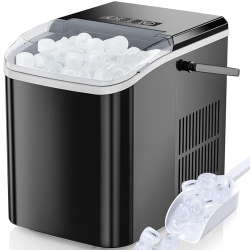 Sweetcrispy Countertop Ice Maker Machine, Portable Self-Cleaning Ice Machine with Ice Scoop, Basket and Handle, 9 Cubes in 6 Mins, 26.5lbs/24Hrs, 2 Sizes of Bullet Ice for Home Kitchen, Coal Black