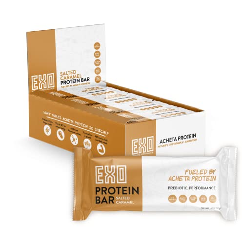EXO Prebiotic Protein Bars, Salted Caramel | Dairy Free, Gluten Free, Low Sugar | 14g Protein, Sustainable, B12, Gut Heath, | Non-GMO. Vegetarian, Paleo | Vitamins, Sustained Energy, 12 Count,