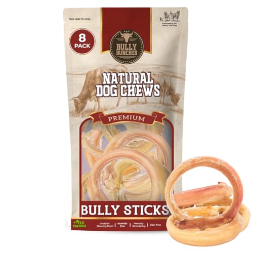 Bully Bunches All Natural Bully Stick Rings - Odour Free Rawhide Free Chemical Free - Long Lasting Beef Dog Chews - Fully Digestible Treat Pack of 8 (Small Bully Stick Rings)