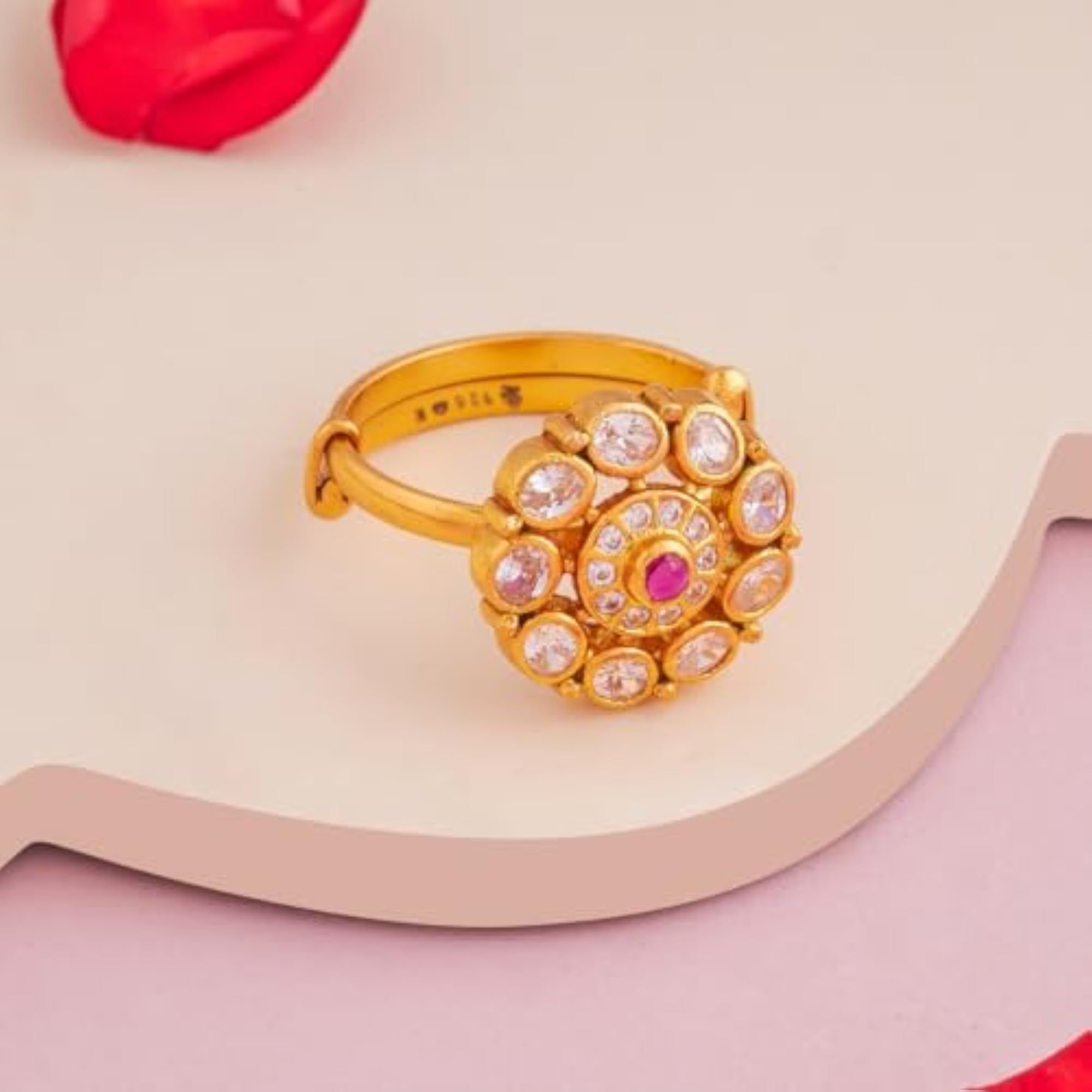 KUSHAL'S Ruby Gold Polished 92.5 Silver Temple Adjustable Finger Ring