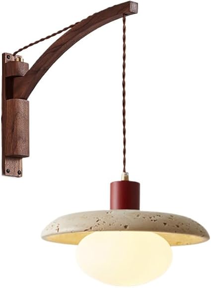 SWEMOPP Wall Mount Swing Arm Reading Light Natural Wood Stone Wall Lamp Mid Century Wall Sconce with Milk Glass Long Adjustable Arm Wall Lighting for Bedroom Bedside Headboard Living Room