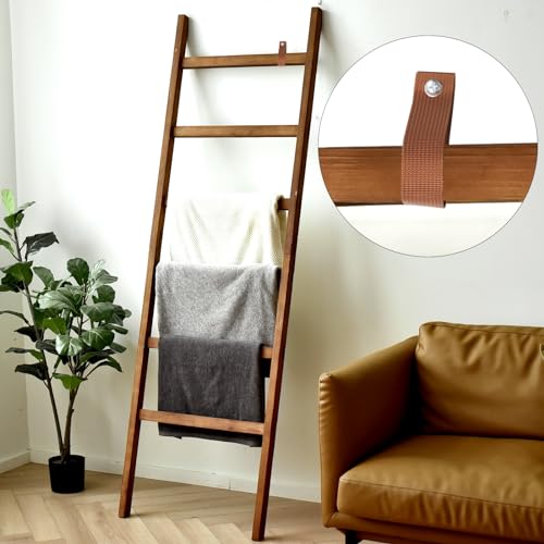 FUIN 6.4ft Extra Wide Wooden Blanket Ladder Living Room Decorative Wal Leaning Farmhouse Quilt Display Holder Rustic Wood Towel Rack for Bathroom, Brown, 24 inch Wide by FUIN - Image 5