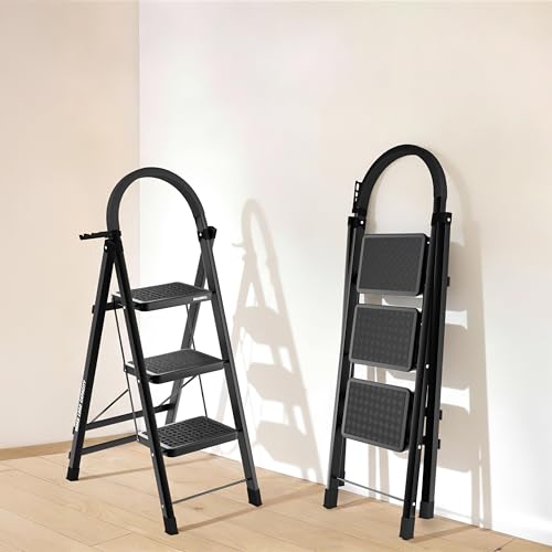 Image of BUILDSKILL Black 3 Step Ladder for Home Use with Built-in Tool Tray | Heavy Duty D Shape Rods | 20 x 30 cm Large Step with Rubber Pad | Secure Lock | 150Kg Capacity Foldable Ladder - 5 Years Warranty