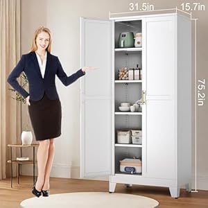 75.2”H Pantry Storage Cabinet, Kitchen Storage Cabinets with Adjustable Feet and Shelves, Metal Pantry Cabinet for Kitchen, Living Room, Laundry Room and Dinning Room 752H Pantry Storage Cabinet Kitchen Storage Cabinets with Adjustable Feet and Shelves Metal Pantry Cabinet for Kitchen Living Room Laundry Room and Dinning Room