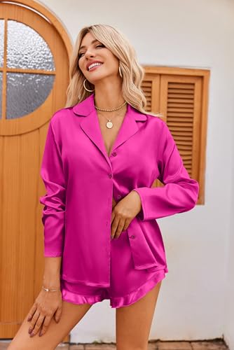 Image of Ekouaer Womens Satin Pajama Sets Long Sleeve Top and Shorts Lounge Set Button Down Sleepwear