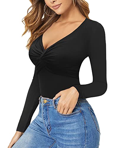 Mangopop Bodysuit For Women Deep V Neck Twist Knot Fitted Short Sleeve Long Sleeve Tops (B Long Sleeve Black, Small) #TOP2