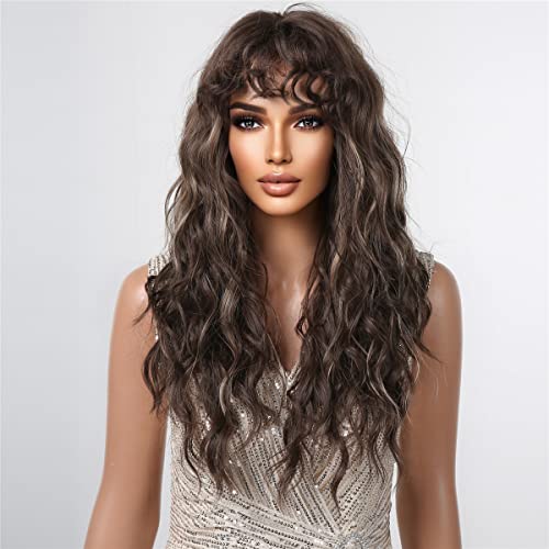 Allbell Long Brown Curly Wigs For Women Deep Wave Wigs With Bangs Synthetic Heat Resistant Wigs With Highlights #TOP4