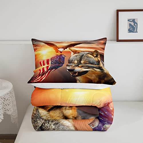 Manfei 3D Wolf Comforter Set King Size, Eagle And American Flag Print Quilt Set Animal Theme Bedding Comforters 3Pcs For Kids Boys Teens Room Decor, Sunset Landscape Duvet Insert With 2 Pillowcases #TOP4