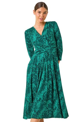 Roman Fit and Flare Dress for Women Ladies Chest Twist Knot Ruched Tea Skater Empire Waist Wedding Guest Smart Casual Swing Midi 3/4 Long Sleeve Knee Length - Green Noir - Size 10