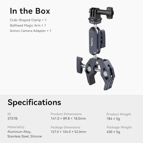 Image of SMALLRIG Camera Mount Clamp, Ballhead Magic Arm with Clamp and Adapter for Gopro, Camera Monitor Mount with 1 /4 inch-20, 3 /8 inch-16 Threaded Holes, Super Clamp for Gopro /DSLR /Stabilizer